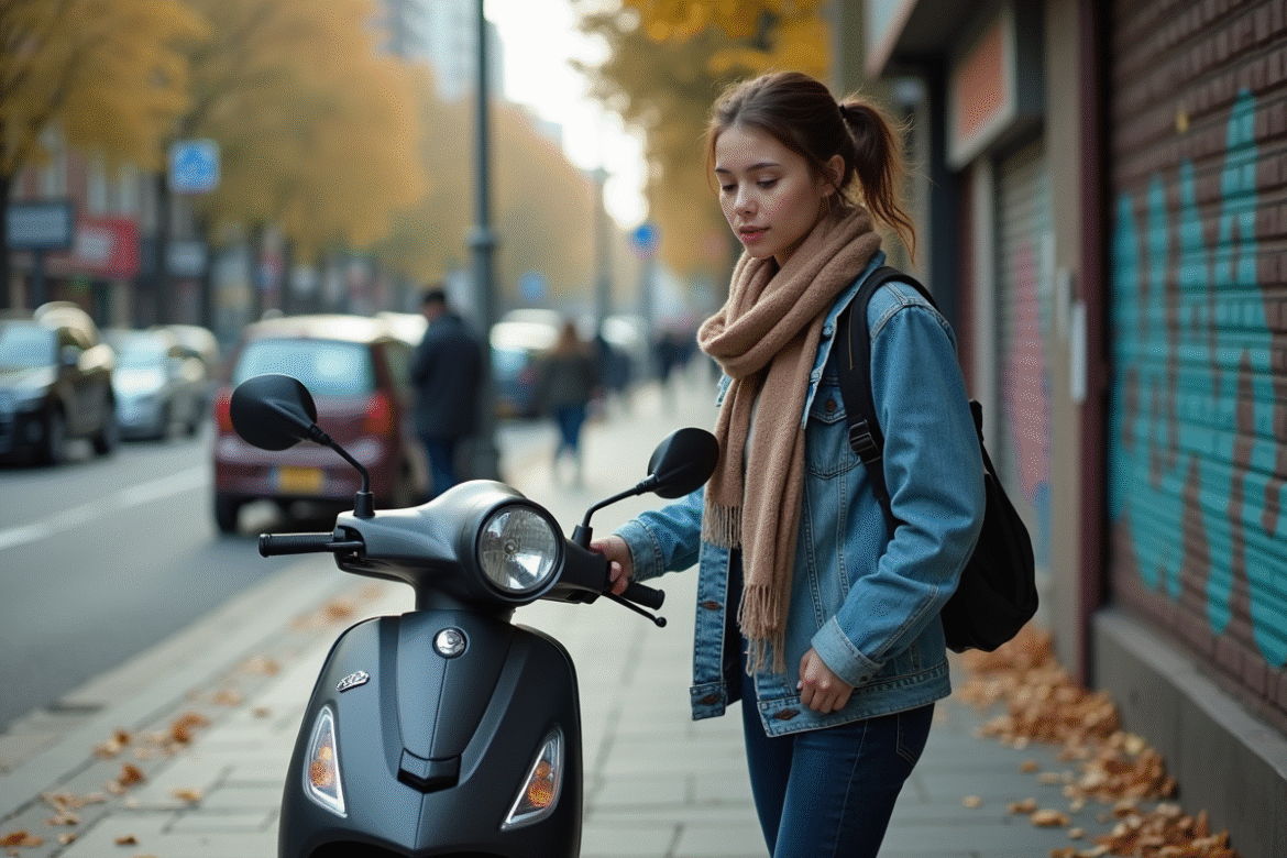 Jeune femme inspectant un scooter 50cc en ville