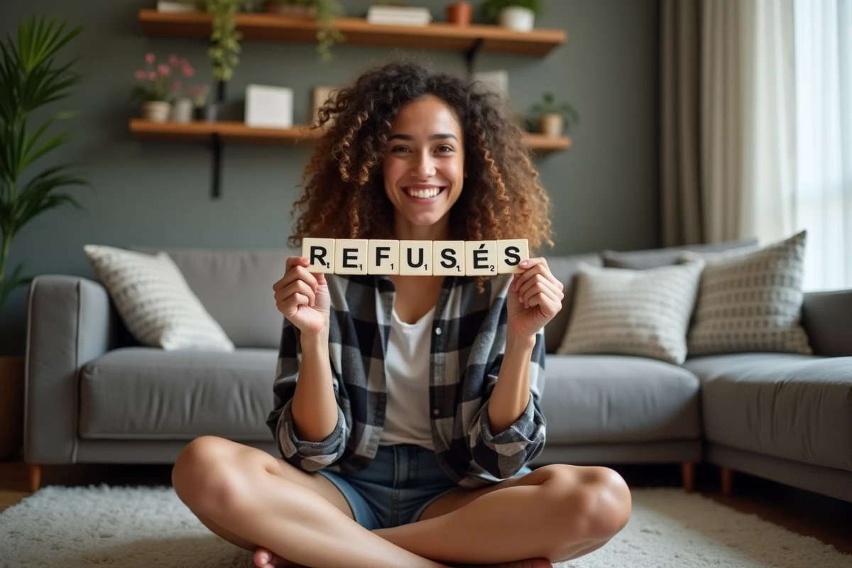 Jeune femme souriante jouant au Scrabble dans un salon moderne