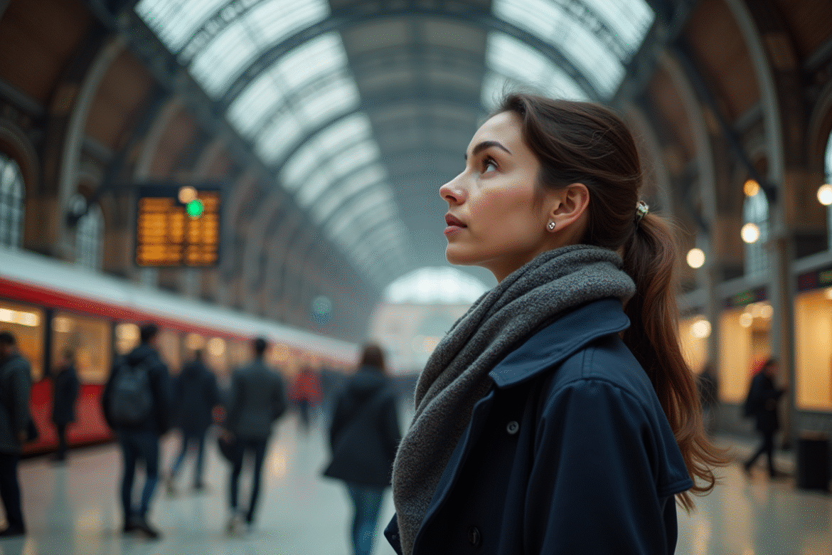 Jeune femme dans une gare européenne regardant le tableau des départs
