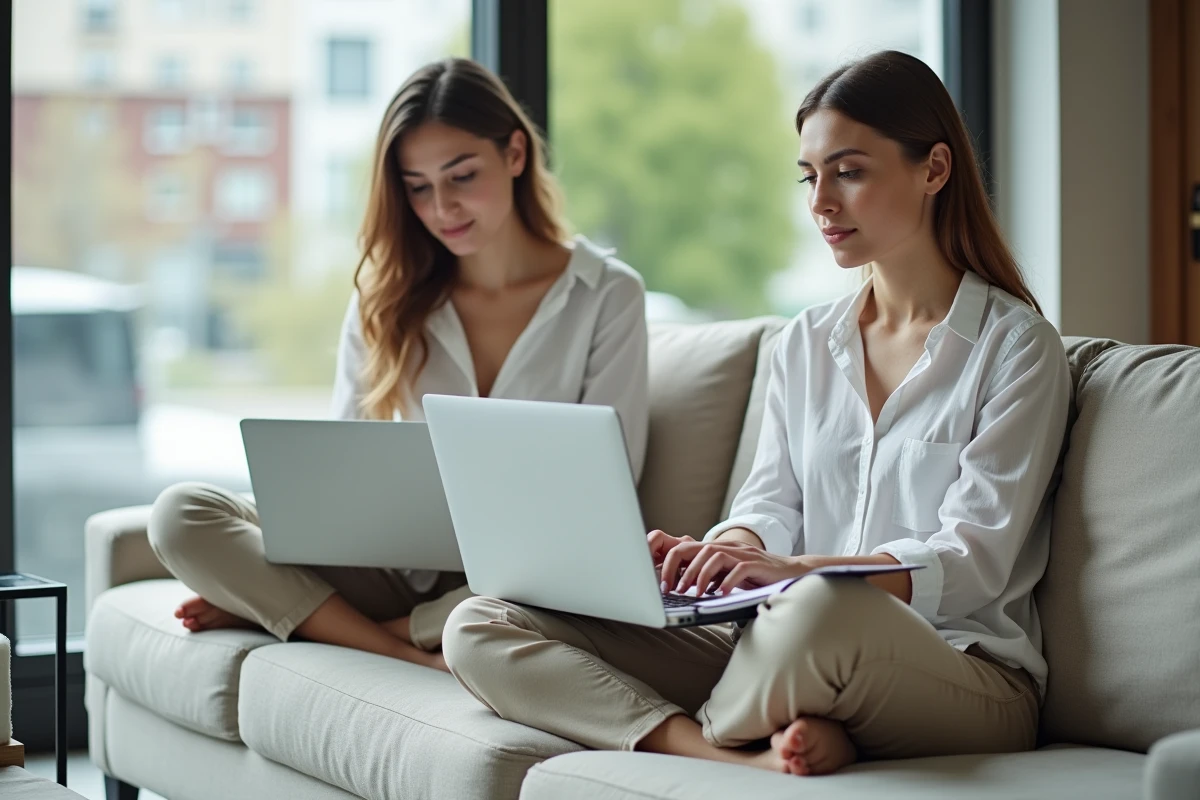 Jeune femme prenant des notes sur un cahier tout en testant un reformulateur de texte sur son ordinateur portable