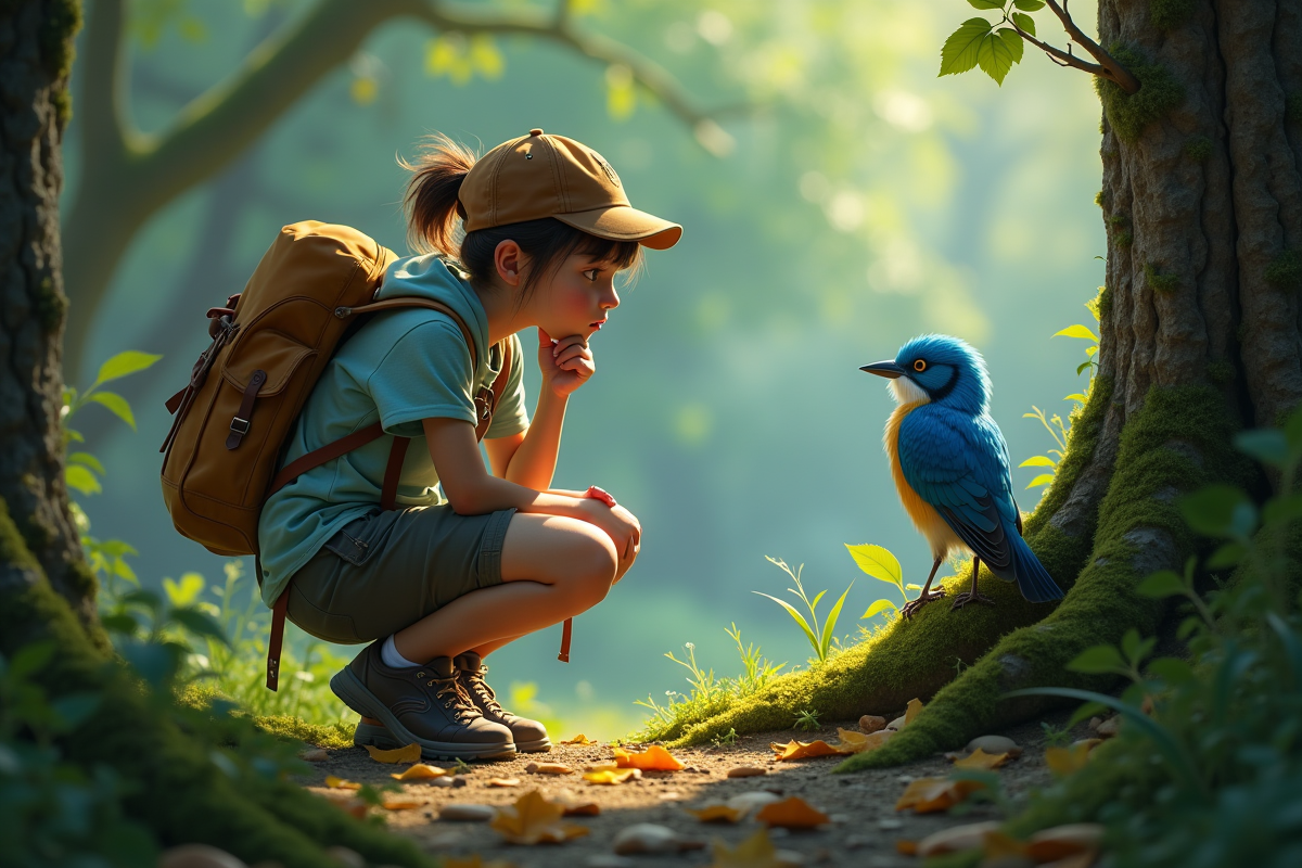 Jeune fille observant un piou bleu dans la forêt