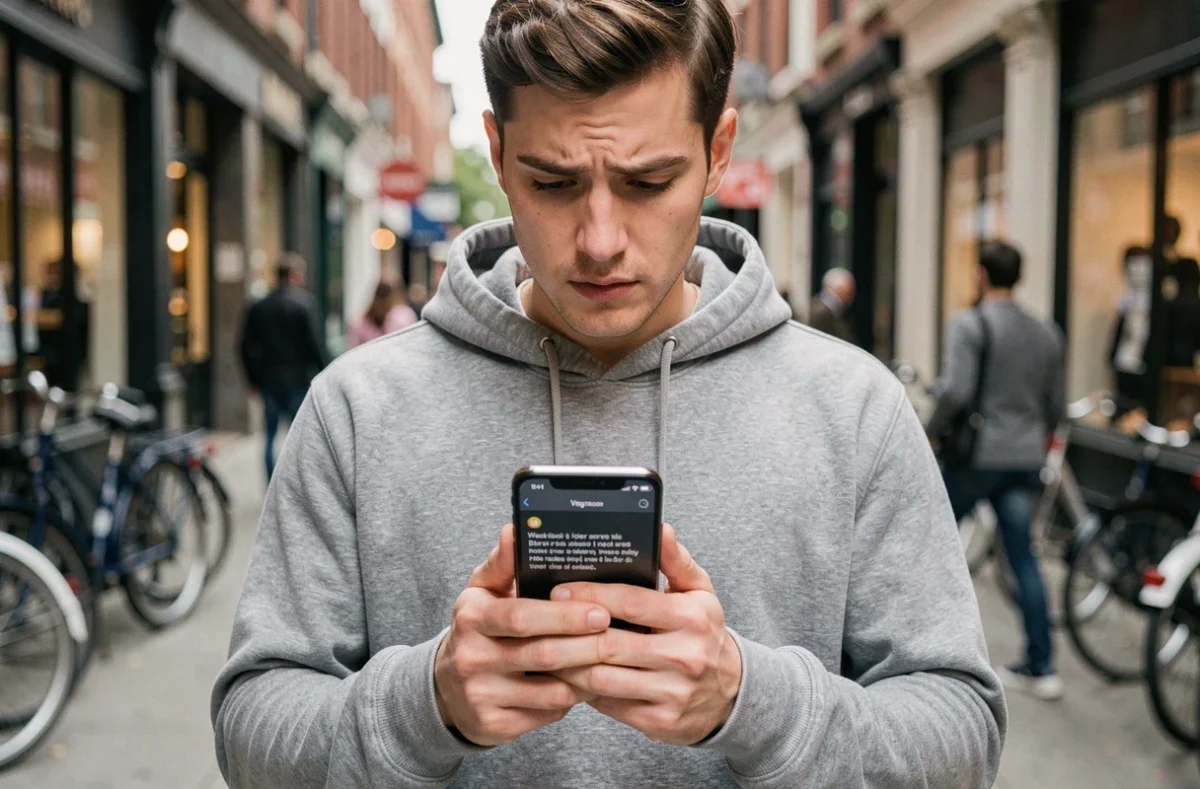 Jeune homme en ville consultant une alerte sur son téléphone pour identifier un numéro de démarchage