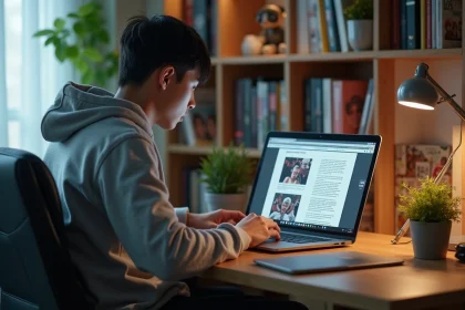 Jeune homme asiatique lisant manga sur son ordinateur à la maison