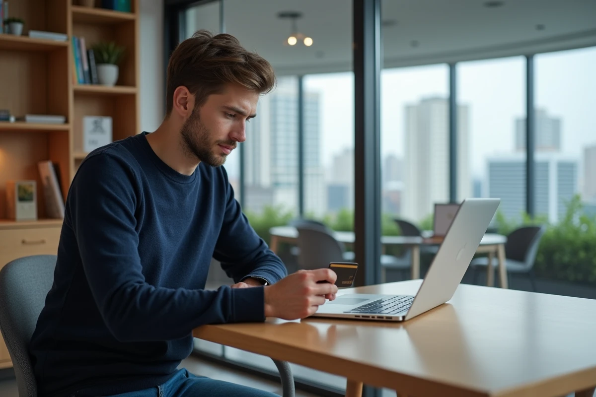 Jeune homme au bureau avec carte de crédit et ordinateur
