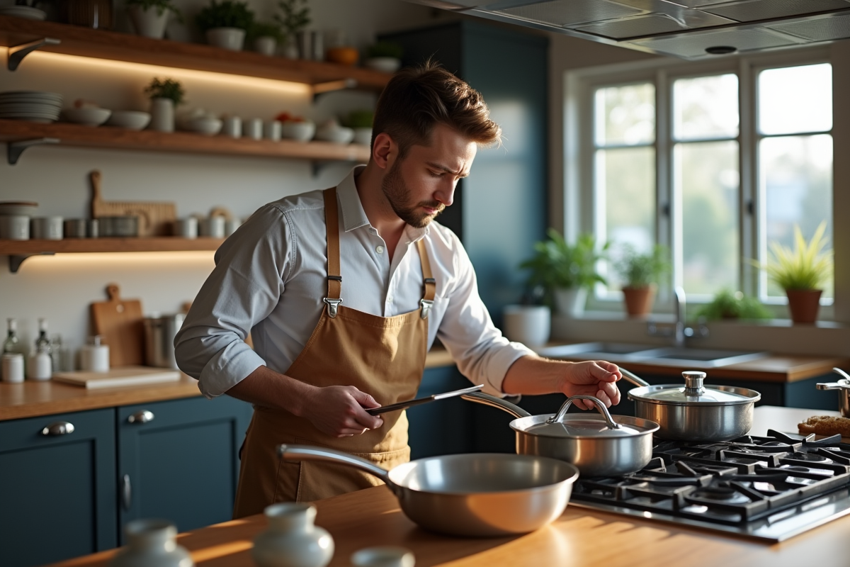 Jeune homme inspectant une poêle dans un showroom cuisine