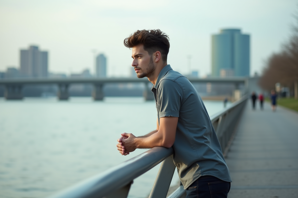 Jeune homme regardant la rivière en ville