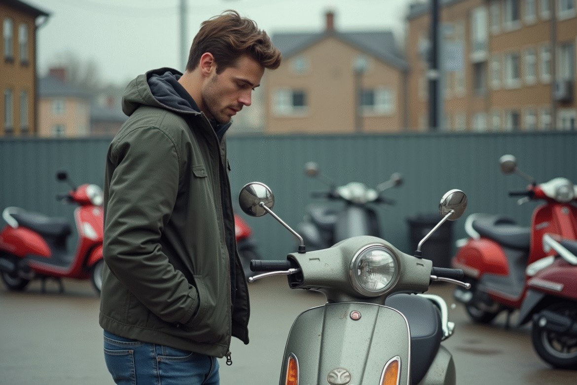 Jeune homme examine un scooter d'occasion en ville