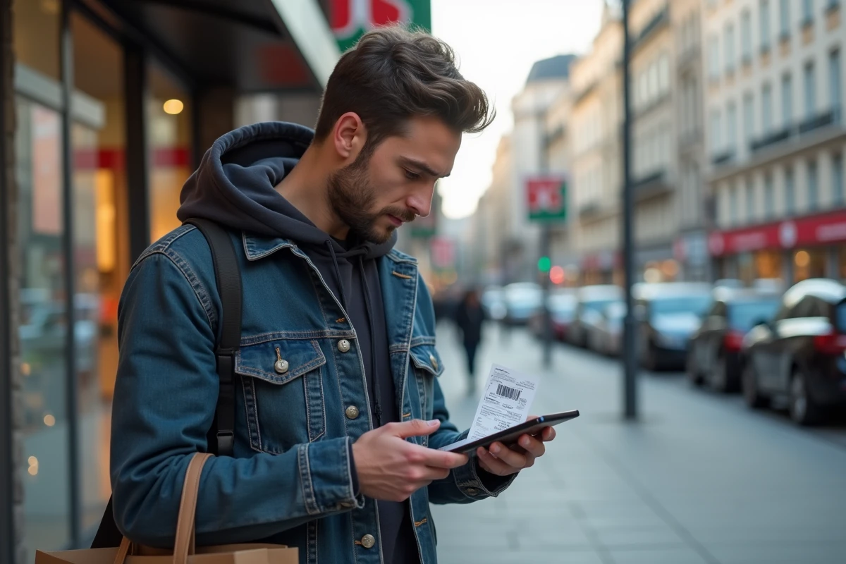 Jeune homme scannant un reçu de courses en extérieur