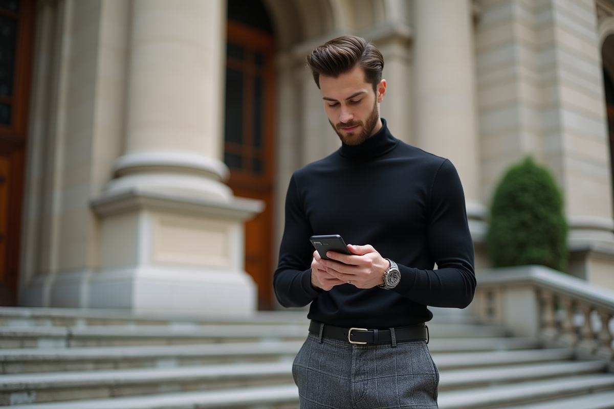 Jeune homme debout devant bâtiment historique