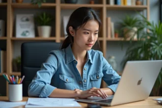 Jeune femme web designer travaillant sur son ordinateur dans un bureau moderne
