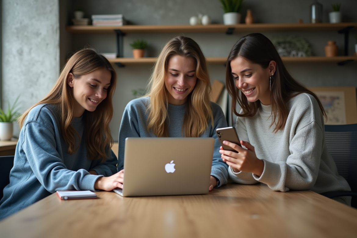Groupe de jeunes adultes utilisant supports numériques dans un bureau moderne