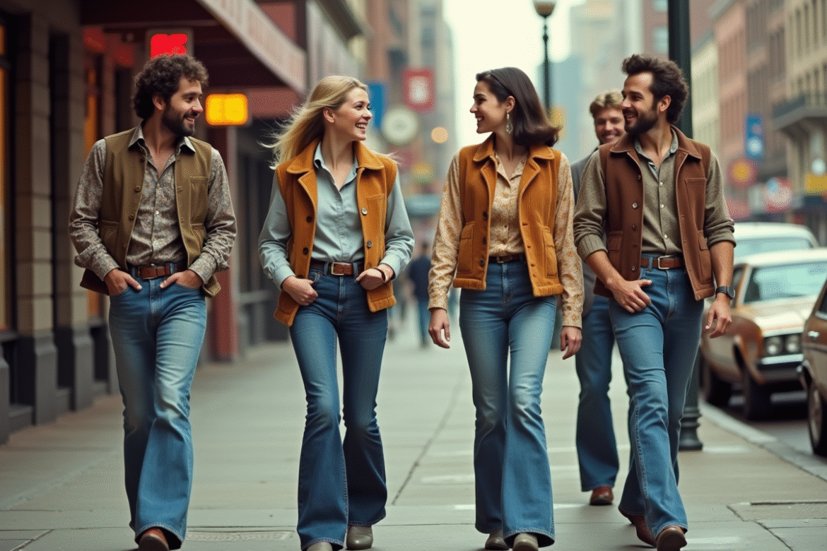 Groupe de jeunes en mode 1975 dans la rue