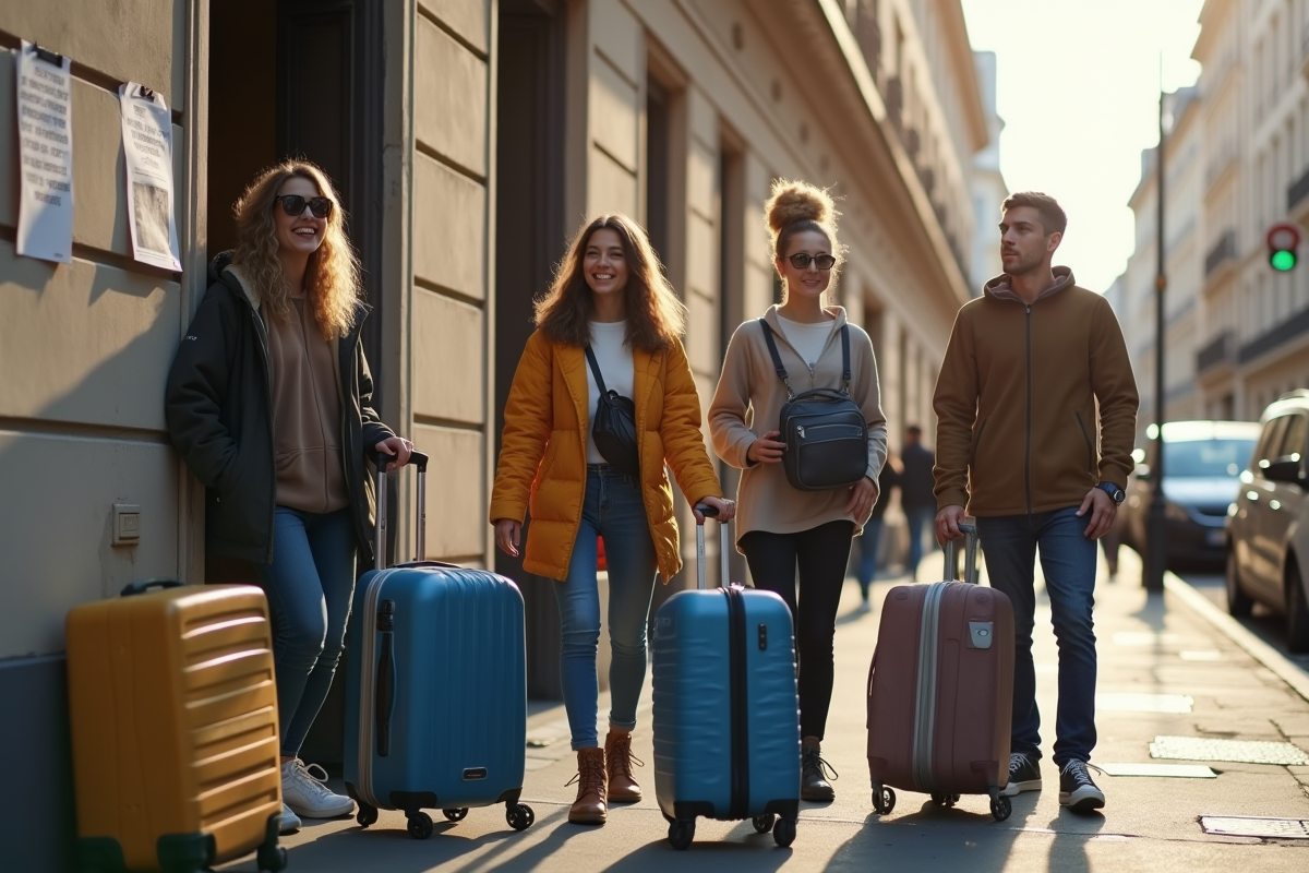 Groupe de jeunes avec valises devant un immeuble parisien ensoleillé