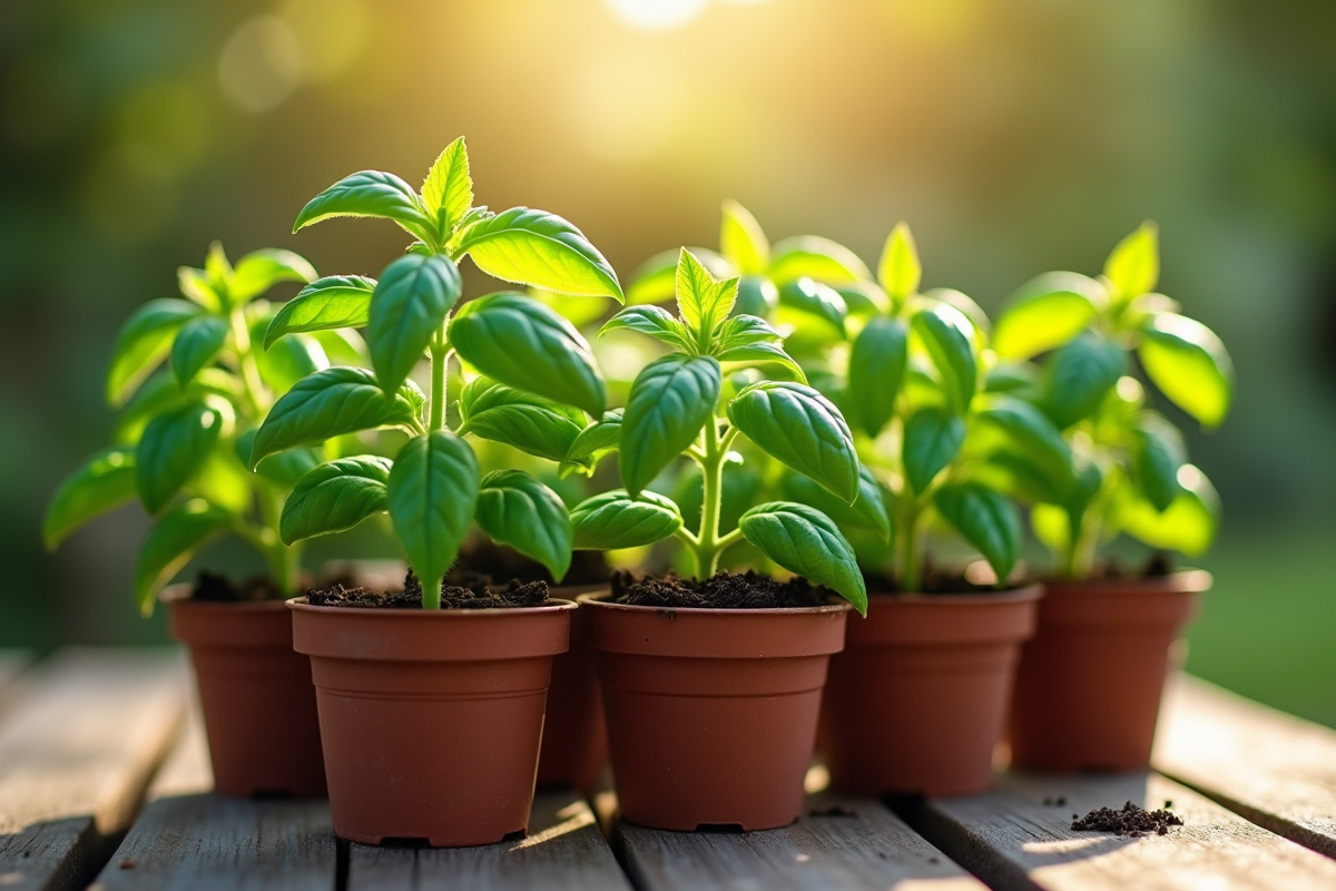 Jeunes plants de basilic en pots dans le jardin au soleil