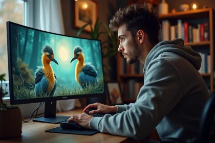 Joueur concentré devant un écran d'ordinateur affichant un jeu vidéo fantasy avec des créatures à plumes, ambiance bureau à domicile