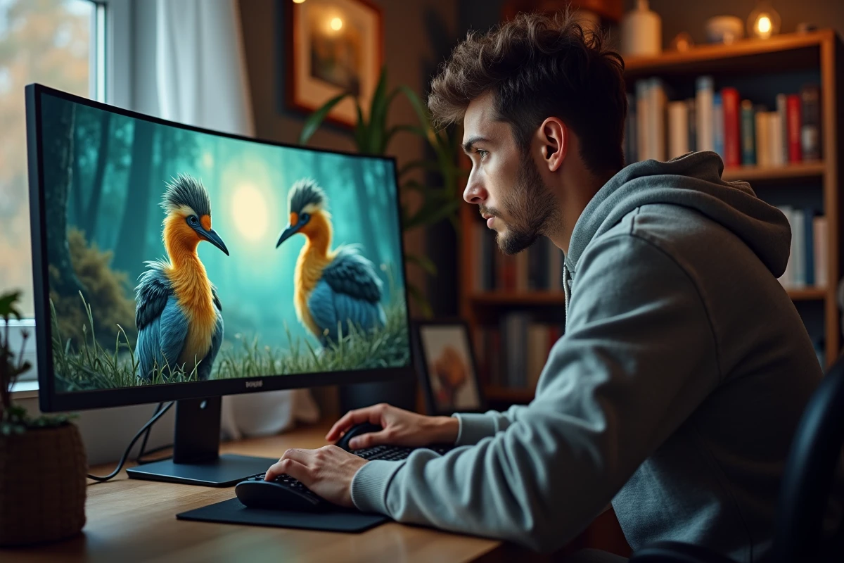 Joueur concentré devant un écran d'ordinateur affichant un jeu vidéo fantasy avec des créatures à plumes, ambiance bureau à domicile