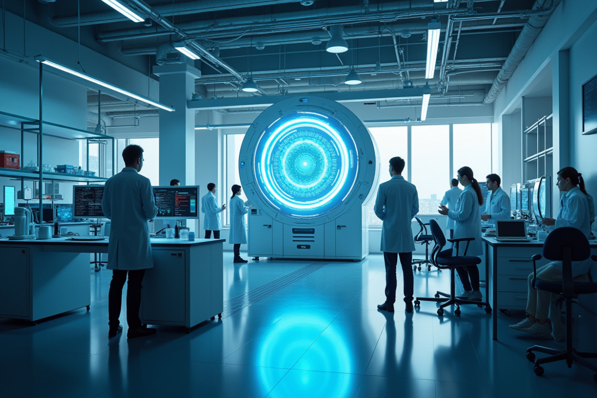Laboratoire futuriste avec ordinateur quantique brillant et scientifiques