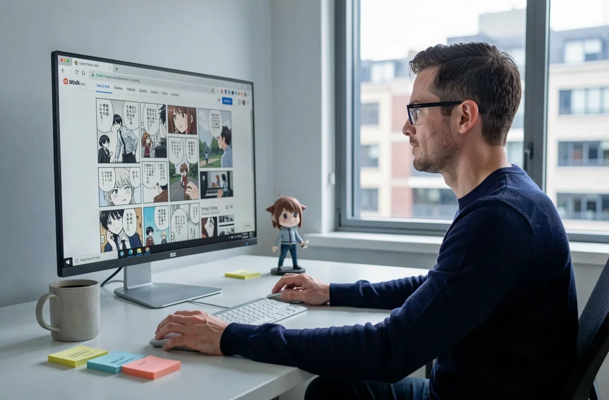 Homme adulte consultant un site de scan manga francophone sur ordinateur dans un bureau moderne