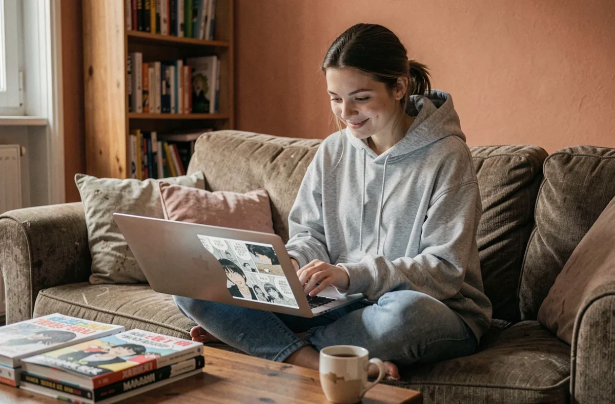 Jeune femme française lisant des scans de manga sur un ordinateur portable dans son salon, entourée de volumes de manga