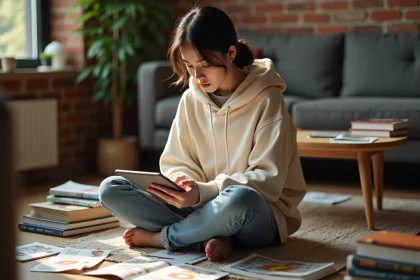 Jeune femme lisant des mangas et webtoons sur tablette dans un appartement cosy entouré de volumes imprimés