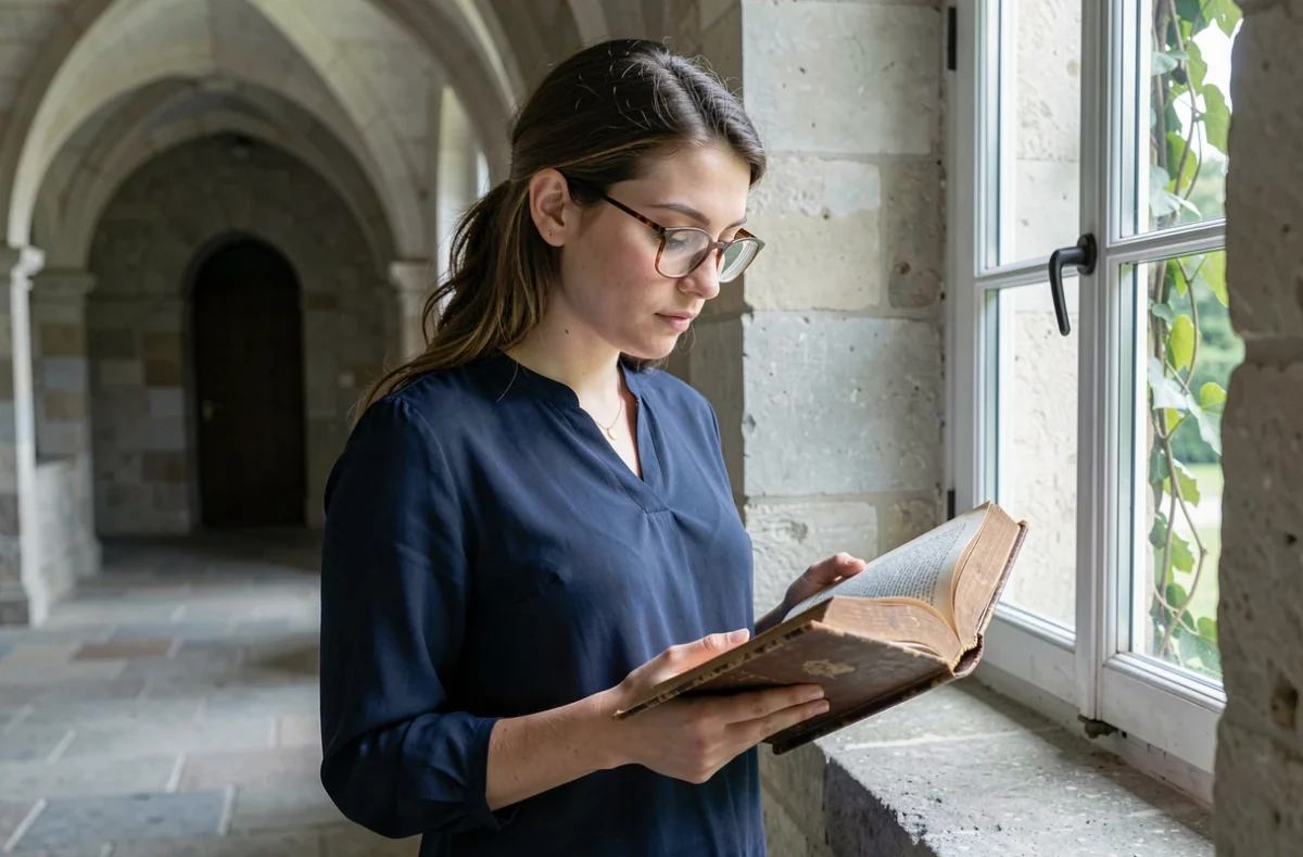Jeune femme lisant un roman classique dans un couloir de château français en pierre, ambiance XIXe siècle pour illustrer l'univers de Stendhal