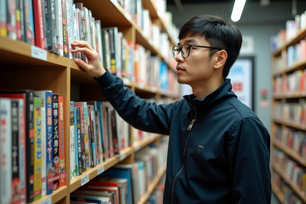 Homme adulte parcourant des rayons de mangas dans une librairie spécialisée en bandes dessinées japonaises