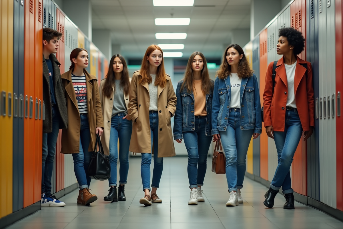 Groupe de lycéens français dans un couloir scolaire