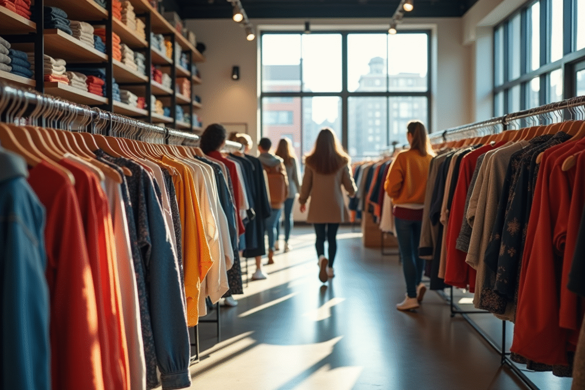 Magasin de vêtements moderne avec jeunes et rayons colorés