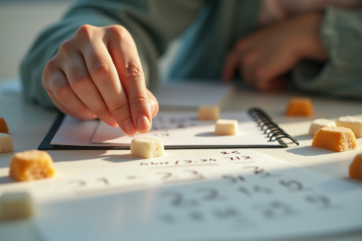 Main manipulant des cubes de sucre avec notes et bonbons