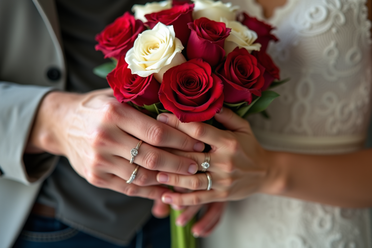 Mains avec alliances tenant un bouquet de roses et une carte anniversaire