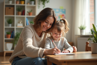 Maman et sa fille dessinant ensemble dans un salon lumineux