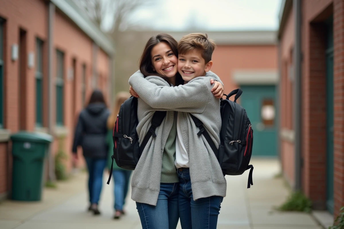 Maman et son enfant se faisant un câlin devant l école