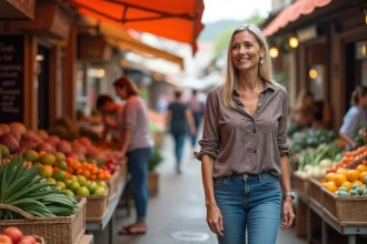 Femme souriante au marché de Sabradou en extérieur