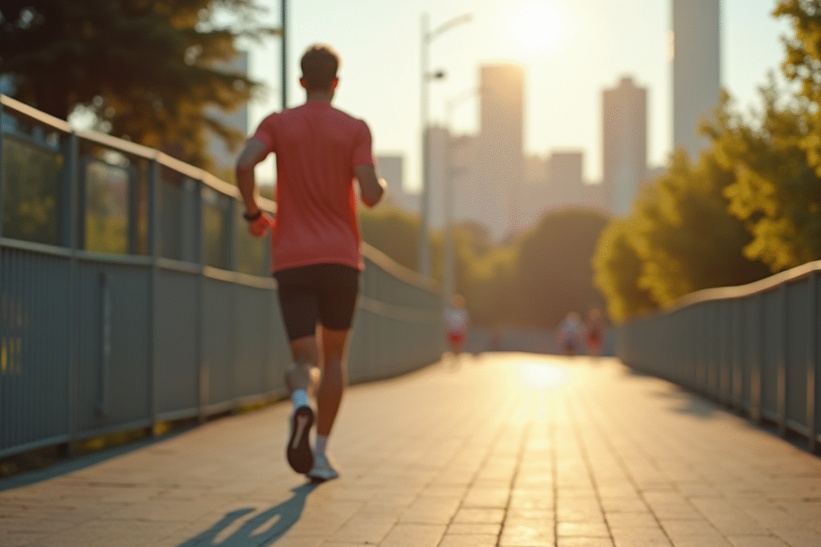 Personne en tenue sportive marchant vite dans la ville avec smartwatch affichant 12000 pas