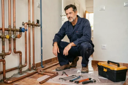 Plombier professionnel travaillant sur une installation de plomberie dans un appartement niçois moderne