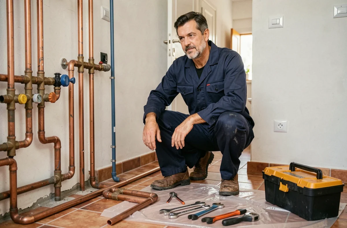 Plombier professionnel travaillant sur une installation de plomberie dans un appartement niçois moderne