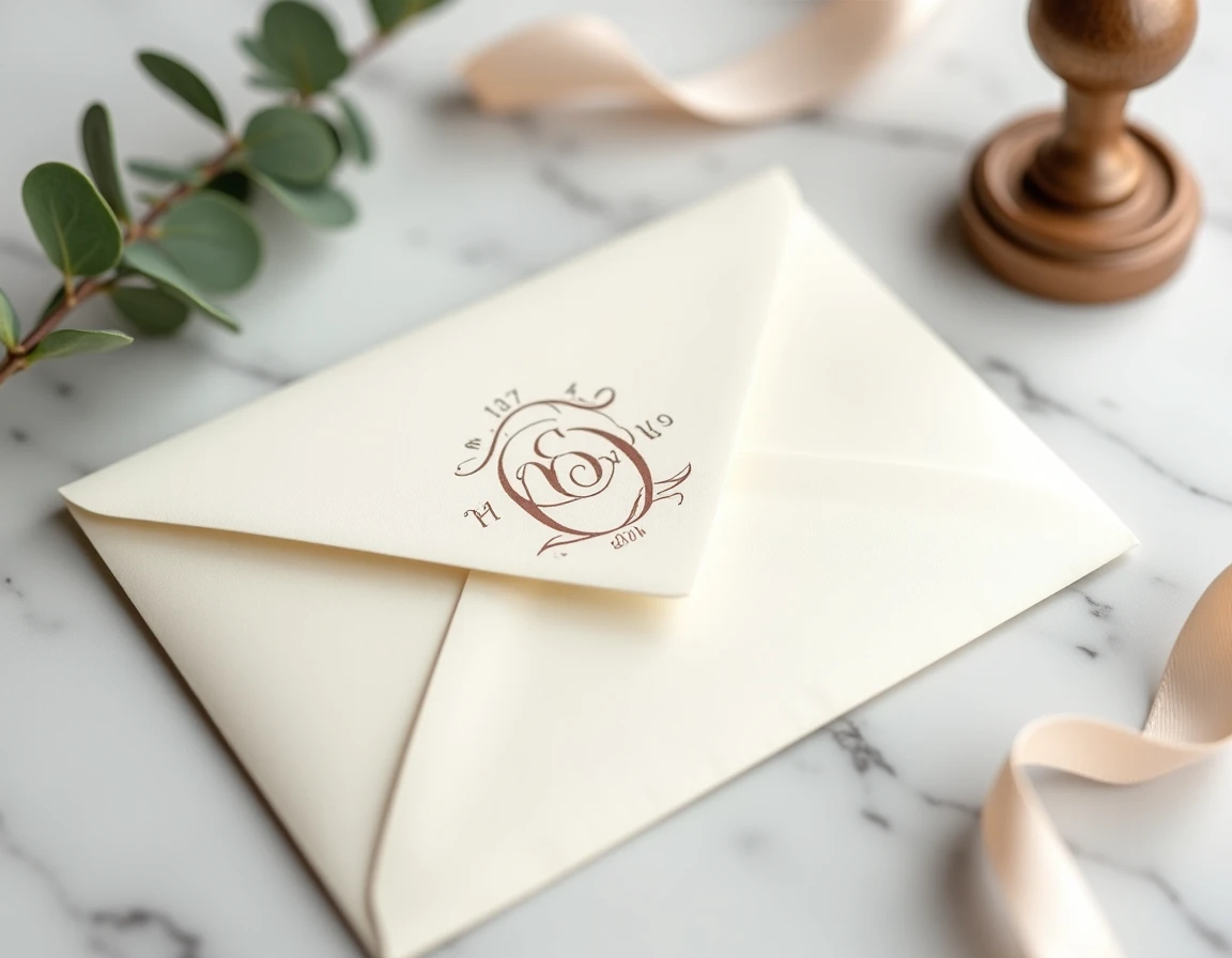 Monogramme de mariage avec chiffres romains gravés sur enveloppe ivoire et marbre blanc