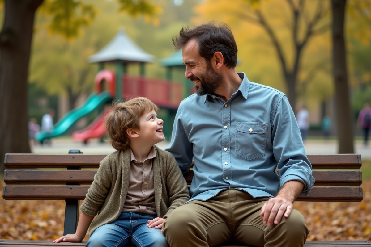 Père et son fils discutant sur un banc au parc en automne