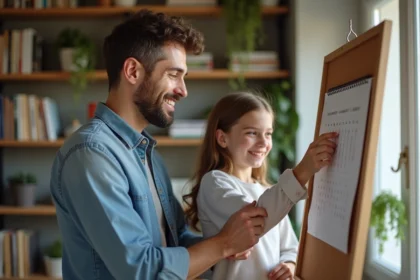 Père et fille organisant un calendrier familial dans le salon