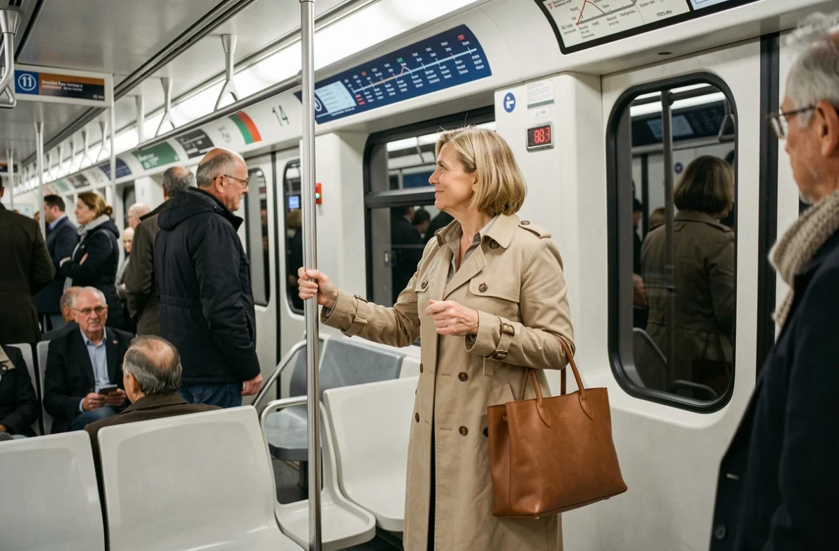 Femme en manteau beige dans une rame moderne du métro ligne 14 regardant le plan de ligne numérique
