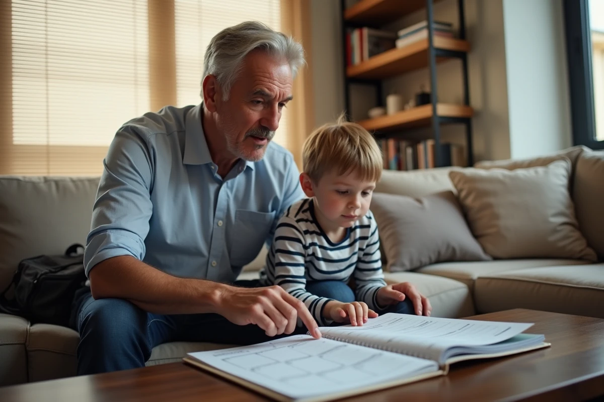 Père séparé expliquant le planning des semaines paires 2026 à son enfant dans le salon