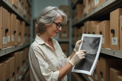 Photographe examinant une épreuve argentique dans une salle d'archives photographiques avec des boîtes sans acide et des tiroirs à plat