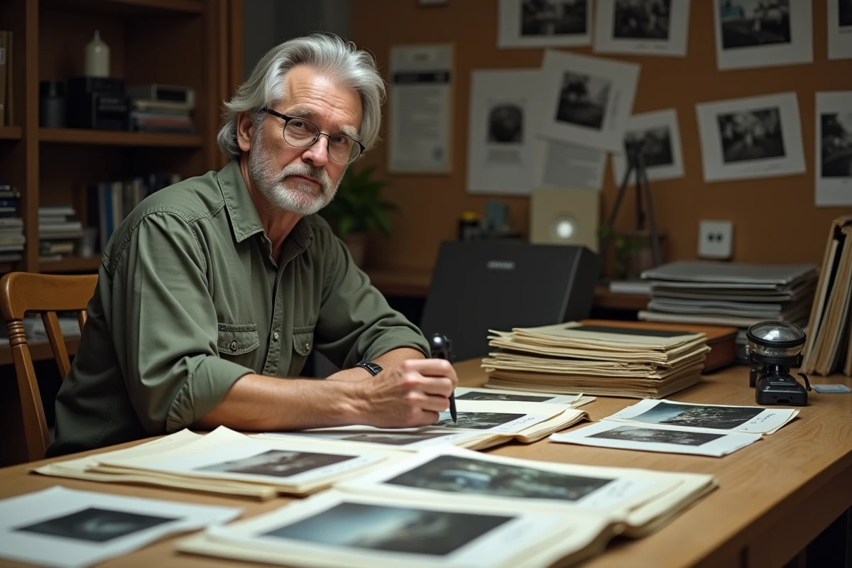Photographe auteur triant des planches-contacts et des fiches d'indexation sur une grande table de travail en bois dans son atelier