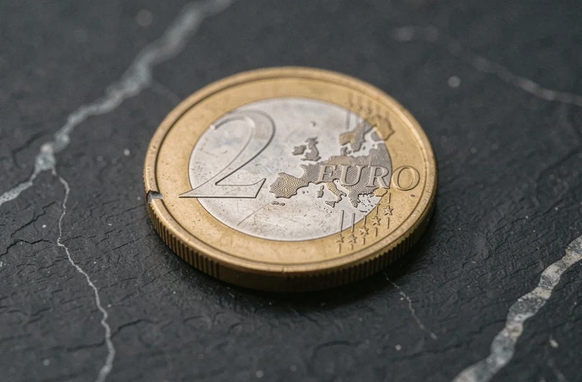 Pièce de 2 euros rare avec erreur de frappe en double sur la tranche, posée sur une ardoise sombre, gros plan macro pour collectionneur