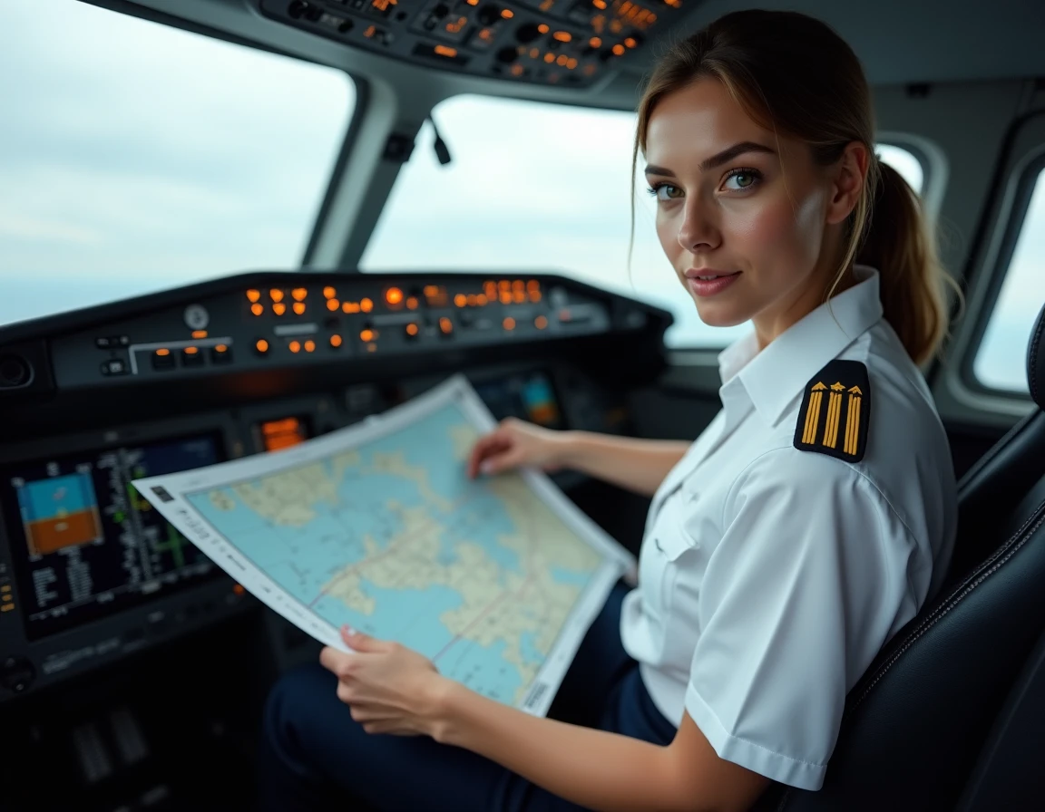 Pilote de ligne féminine dans un cockpit consultant une carte de navigation avec des échelles de distance en milles nautiques et kilomètres