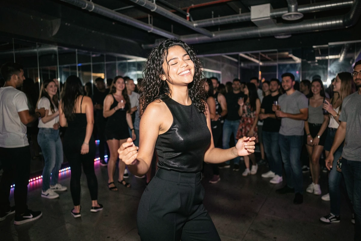 Jeune femme dansant sur la piste d'une discothèque à Perpignan, sourire naturel et ambiance festive lors d'une première sortie en boîte de nuit