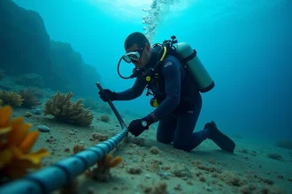 Plongeur homme inspectant câbles sous-marins en eaux claires