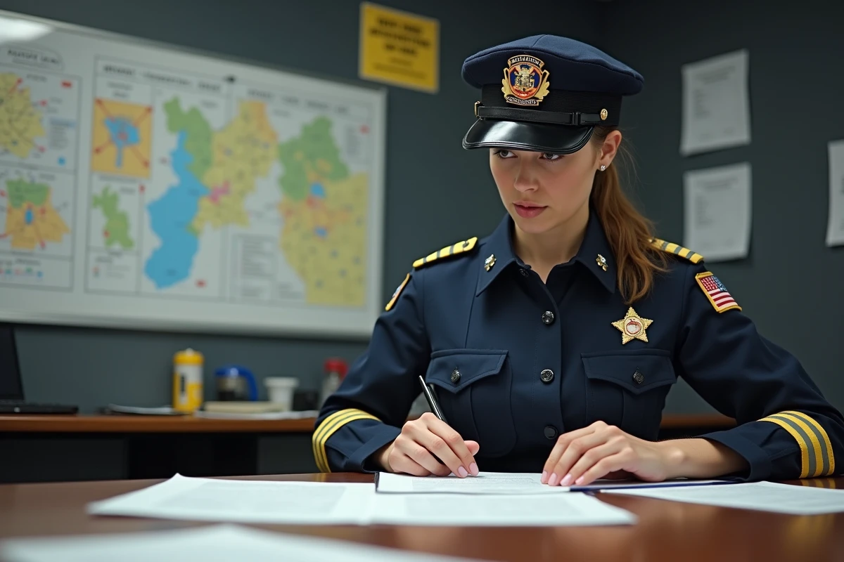 Pompière lieutenant en uniforme de grade consultant des documents dans une salle d'opérations de caserne