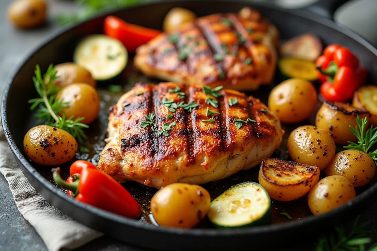 Poulet grillé avec légumes rôtis dans une composition en flat lay