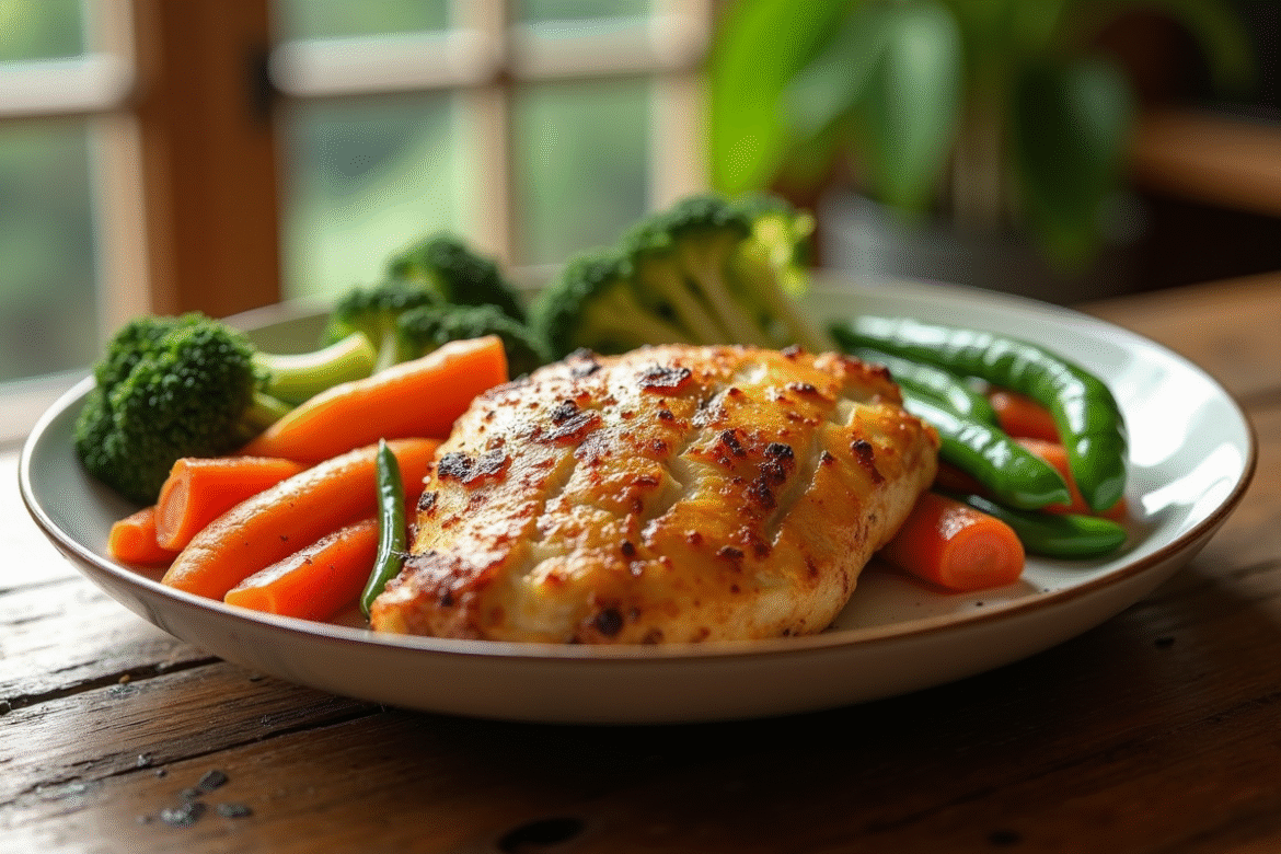 Poulet rôti doré avec légumes colorés sur table en bois